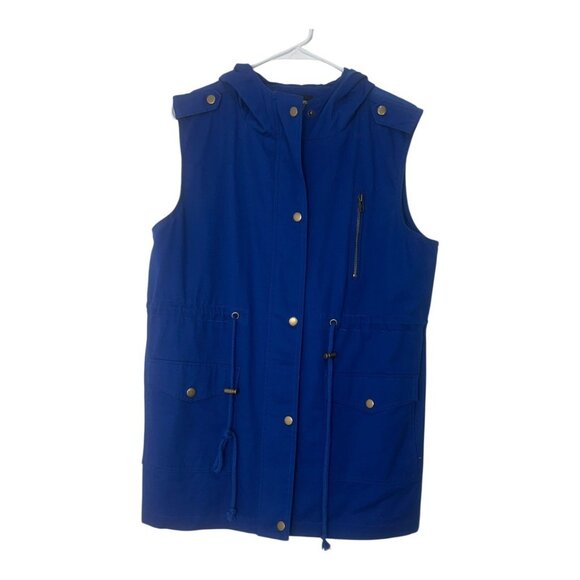 Zenana Outfitters Womens Royal Blue Hooded Utility Vest SZ L Drawstrings/Pockets - Picture 11 of 13